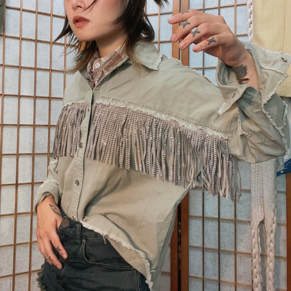 Bedazzled western fringe button up shirt